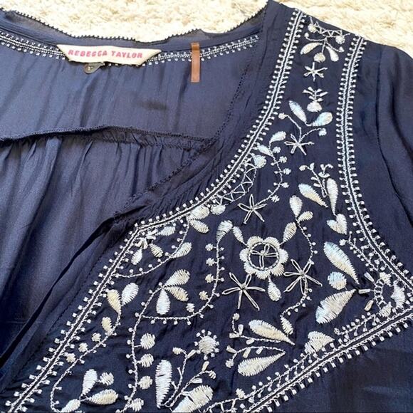 Rebecca Taylor Navy Silver Embroidered Silk Boho Mini Dress Size 4 - Picture 5 of 9